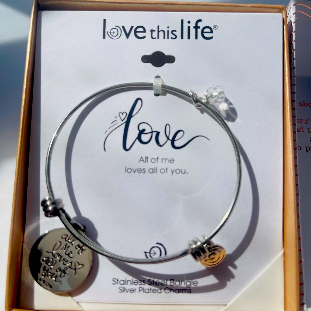 "LOVE THIS LIFE"  SILVER TONE BRACELET STAINLESS STEEL ADJUSTABLE CHARM